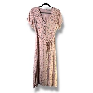 Polagram Womens Sz Small Pink Floral Midi Dress Button Front Tie Waist Romantic